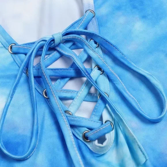 🔴 CLEARANCE 🔖 NWT 🌊 BLUE/WHITE TIE-DYE V-NECK LACE-UP SUMMER TOP Women’s XXL - Picture 5 of 11